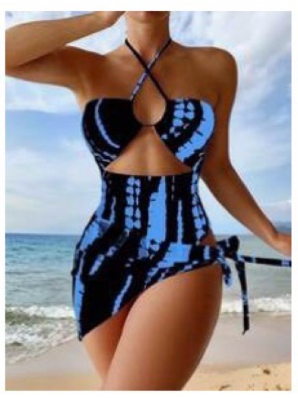 Blue and Black Tie-Dye women’s one piece and removable skirt